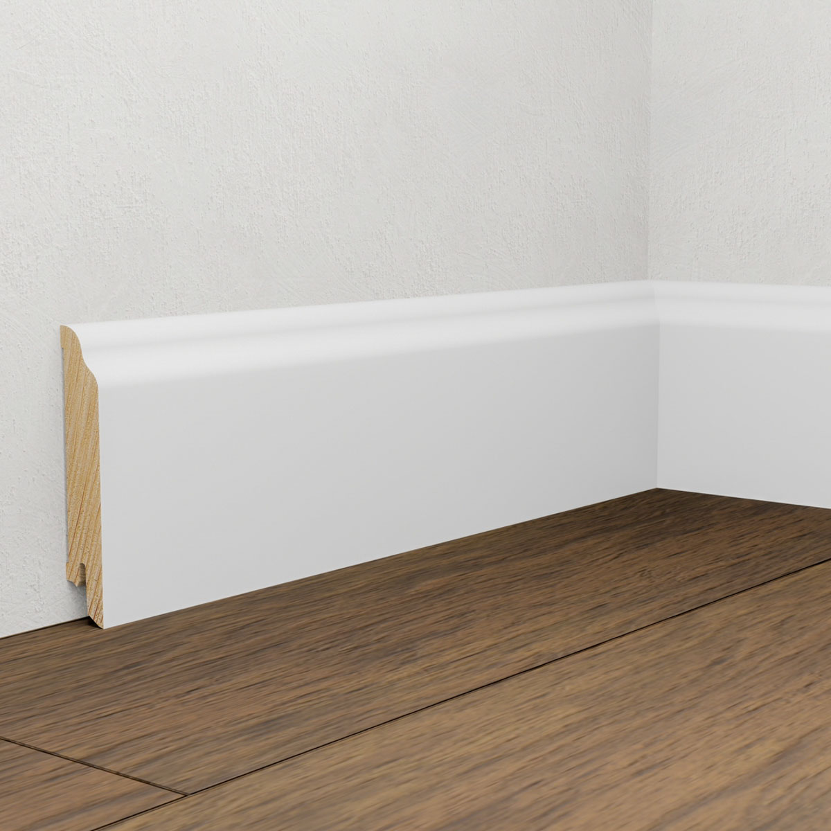 Drewniana listwa przypodłogowa świerkowa Premium – biała, powłoka Polyblend, 8 cm