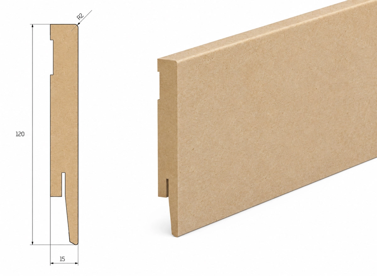 Surowa listwa przypodłogowa MDF DUO 12 cm w zbliżeniu na profil.