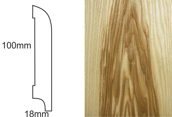 Listwa przypodłogowa CP100 R25 Jesion Ciemny – profil techniczny z wymiarami 100x18mm i zbliżeniem na fornir jesionowy.
