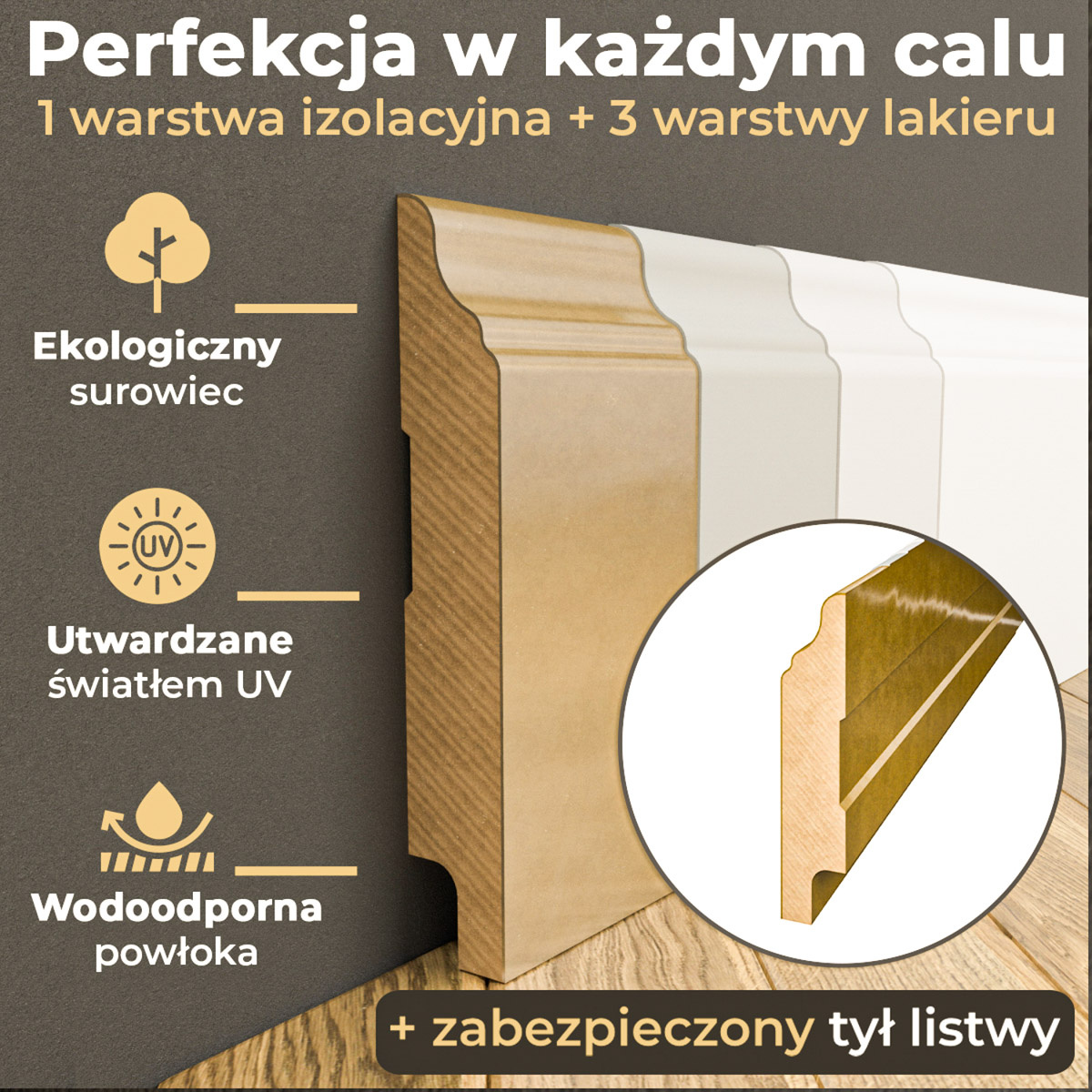 Próbka 20 cm - Listwa przypodłogowa MDF lakierowana biała z wodoodporną powłoką HAVANA 6cm