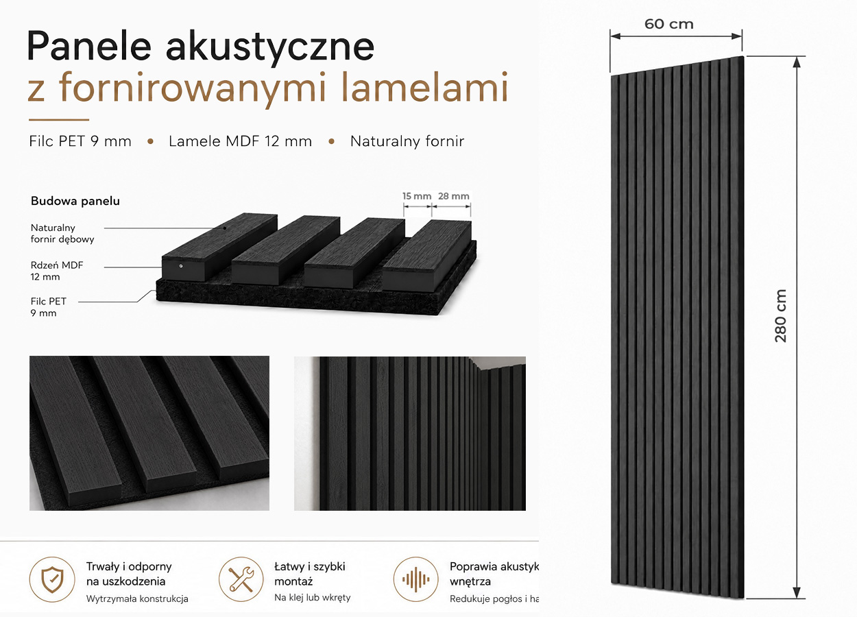 Lamele Fornirowane na filcu akustycznym - Dąb Czarny 60 x 280 cm