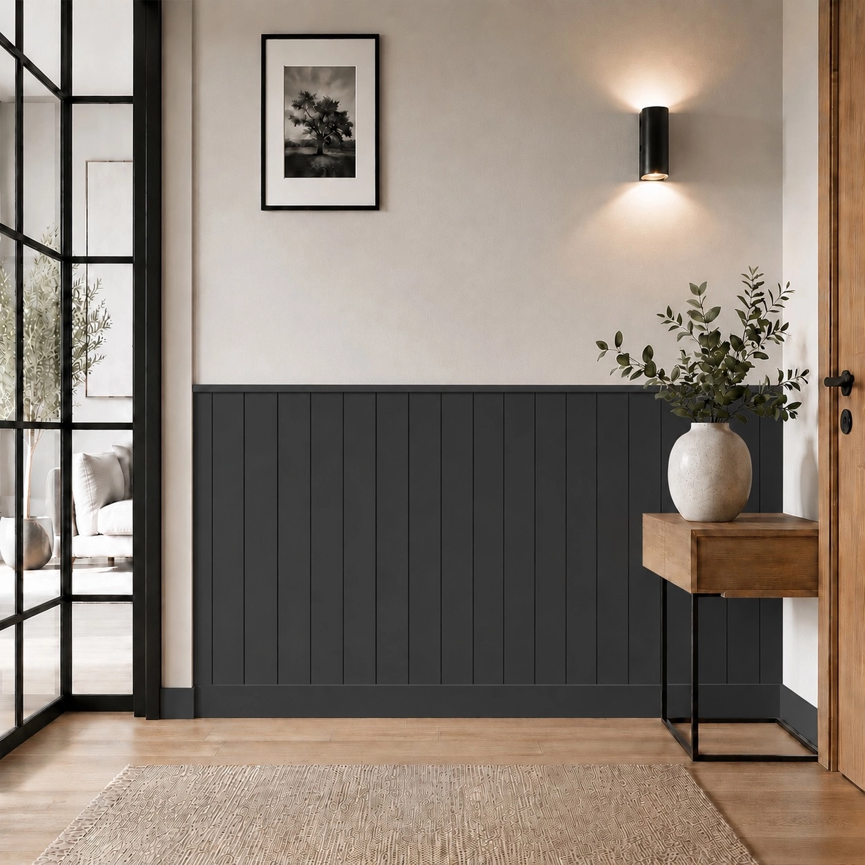 Boazeria AXIS RAL7021 – biały panel boazerii z listwą dolną na białym tle.