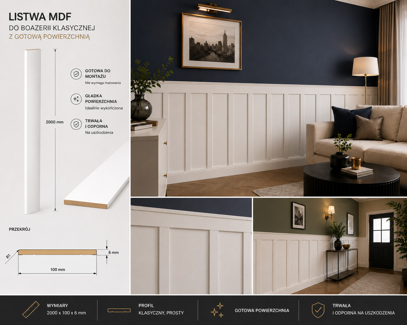 Listwa boazeryjna ELEGANT, boazeria ścienna MDF, Biala Premium