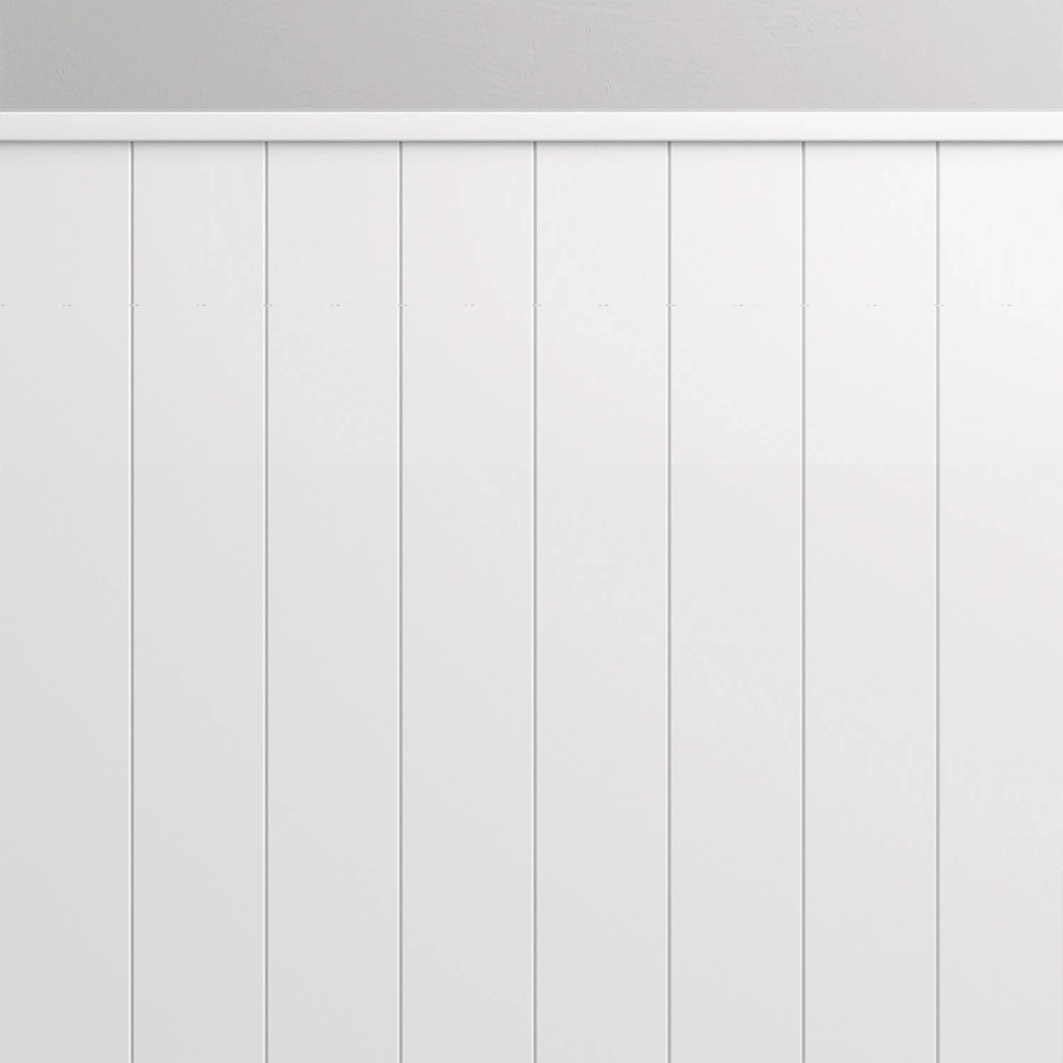 Fragment ściany z białą boazerią angielską i pionowymi lamelami, wykończony wieńcem CLASSIC MDF.