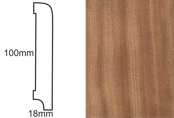 Listwa przypodłogowa CP100 R10 Sapella – schemat techniczny profilu z wymiarami 100x18mm oraz zbliżenie na fornir drewniany.