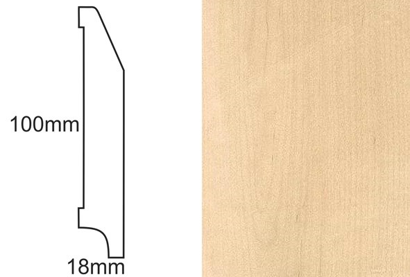 Listwa przypodłogowa CP100 RS klon – schemat profilu z wymiarami 100mm i 18mm obok tekstury jasnego drewna klonowego.