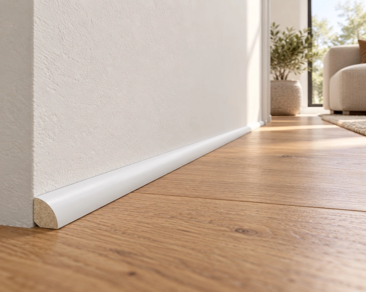 Ćwierćwałek MDF lakierowany – zbliżenie profilu 12x12 mm w narożniku, z widocznym satynowym wykończeniem.