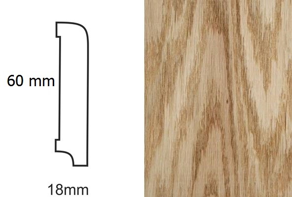 Listwa CP60 dąb czerwony  –  profil techniczny z wymiarami 60 mm i 18 mm oraz tekstura dębu czerwonego.