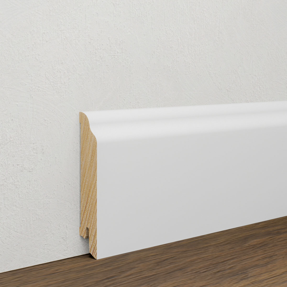 Drewniana listwa przypodłogowa świerkowa Premium – biała, powłoka Polyblend, 8 cm